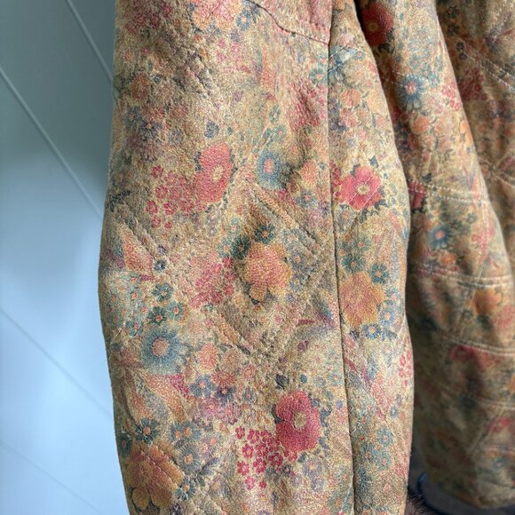 Vintage Maple Furriers Fur Collar Leather Swing Coat‎ Floral Brown Boho RARE - Picture 4 of 11